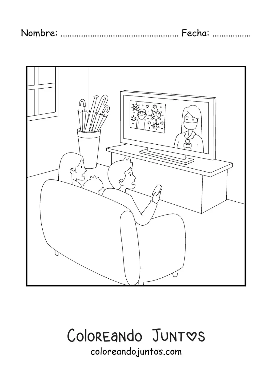 Imagen para colorear de una familia viendo las noticias sentados frente al televisor