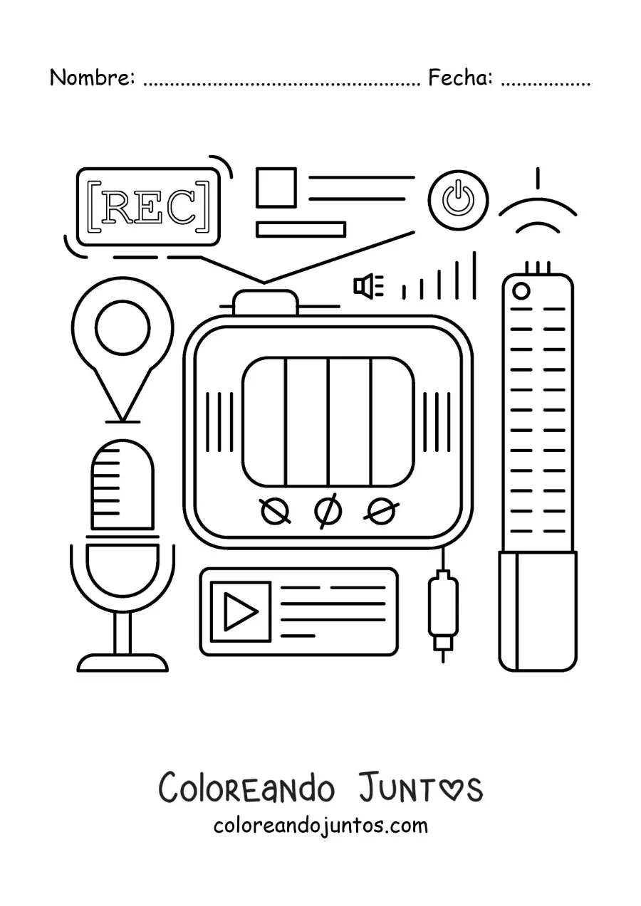 Imagen para colorear de un televisor, un micrófono y símbolos de las TICS