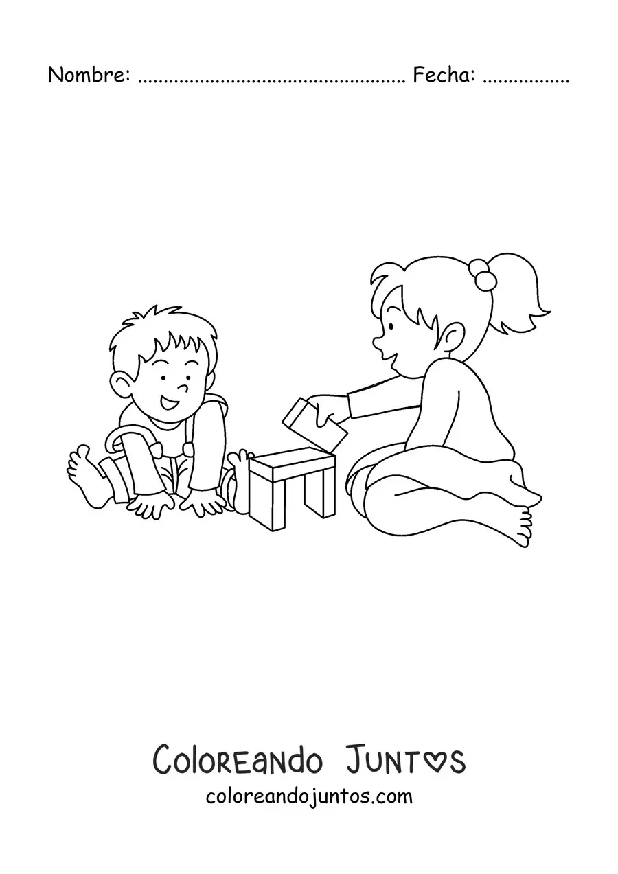Imagen para colorear de un niña sentada jugando con su hermano menor