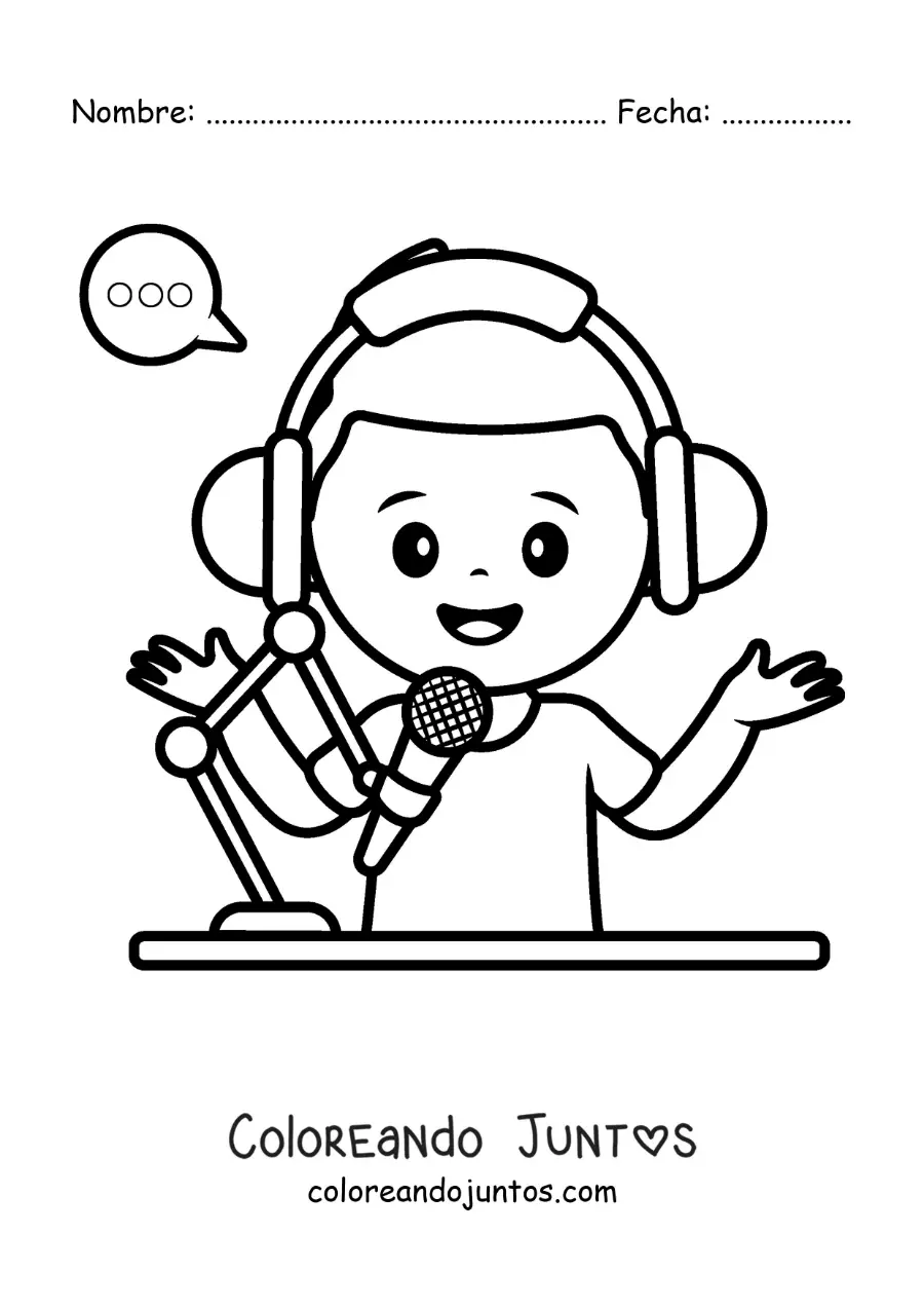 Imagen para colorear de un niño hablando en un programa de la emisora escolar de la radio