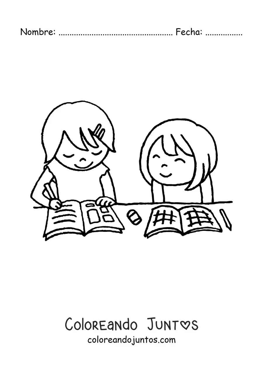 Imagen para colorear de dos niñas haciendo su tarea escolar