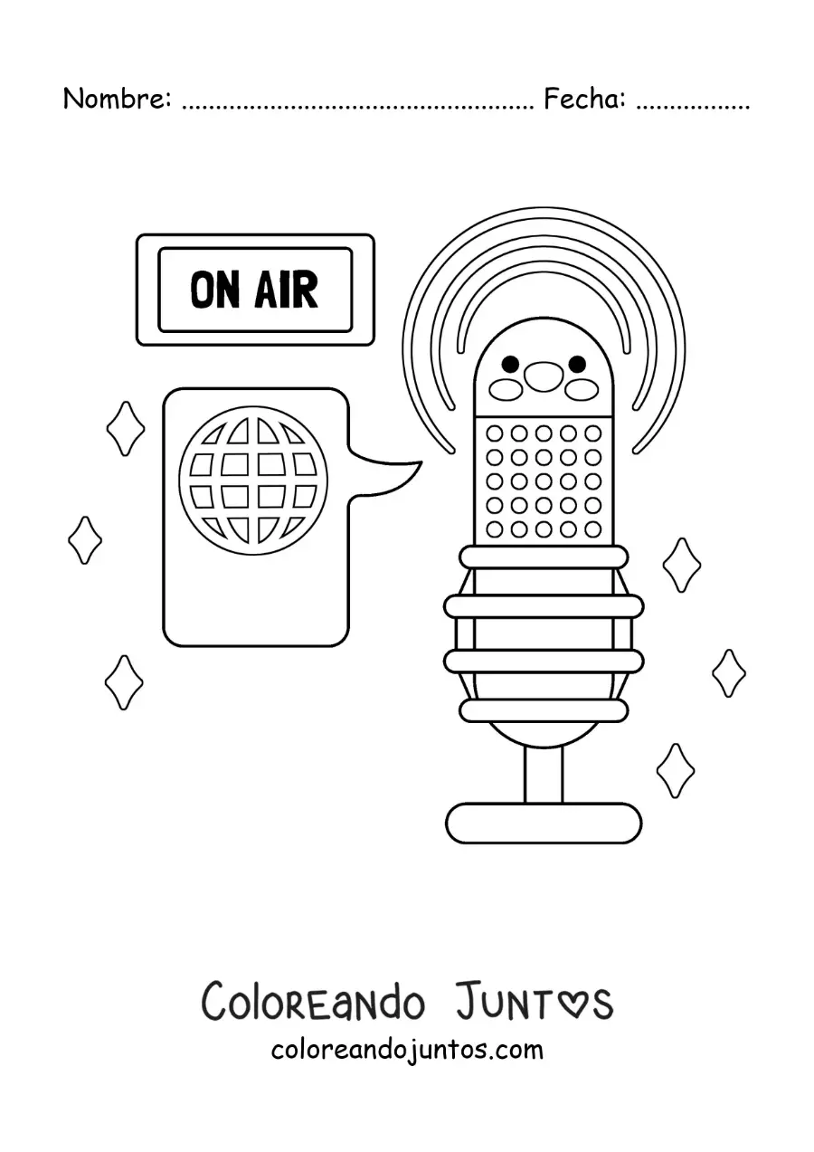 Imagen para colorear de un micrófono de la radio animado al aire