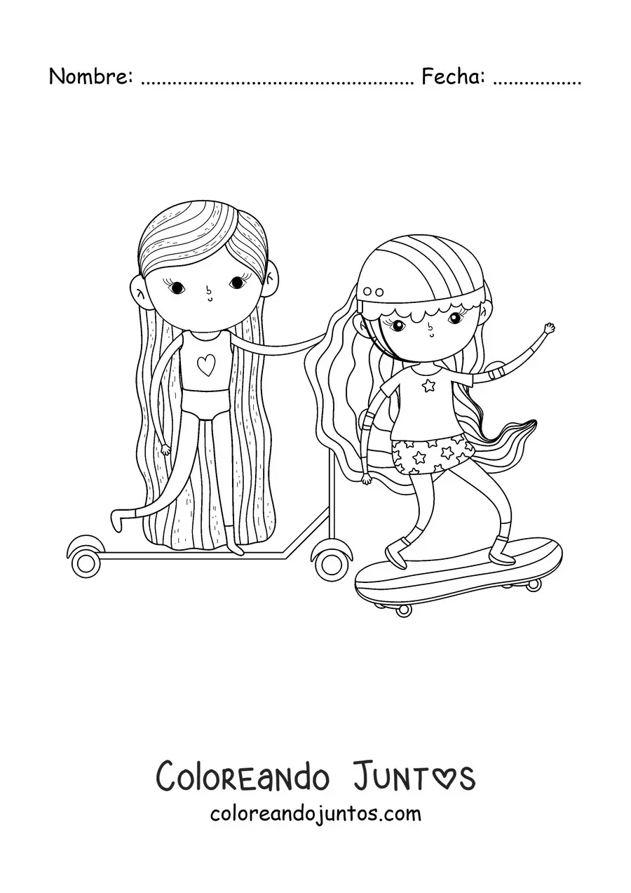 Imagen para colorear de dos niñas en patines haciendo ejercicio