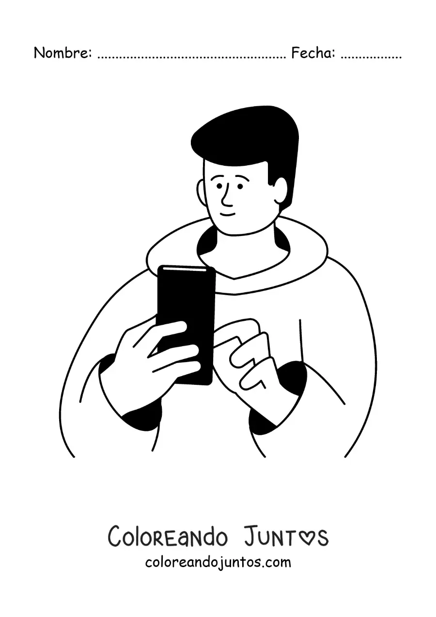 Imagen para colorear de un niño conectado a las redes sociales en su celular