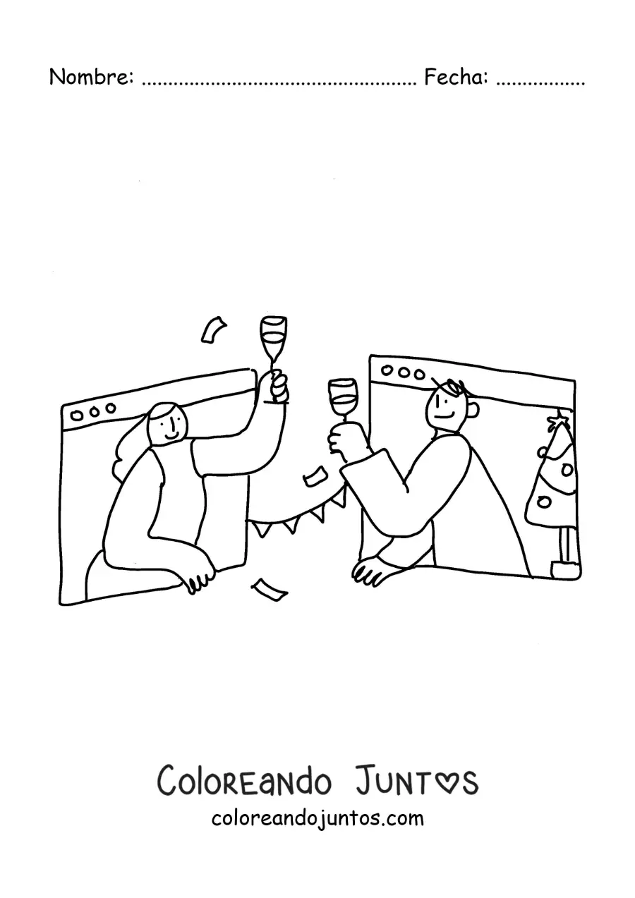 Imagen para colorear de una caricatura de dos personas comunicándose a distancia por una videollamada