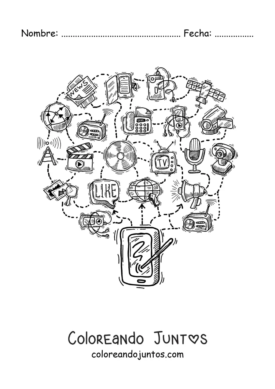 Imagen para colorear de un teléfono inteligente conectado a las redes sociales