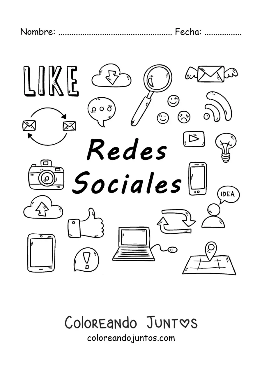 Imagen para colorear de símbolos de las redes sociales como medio de comunicación masiva