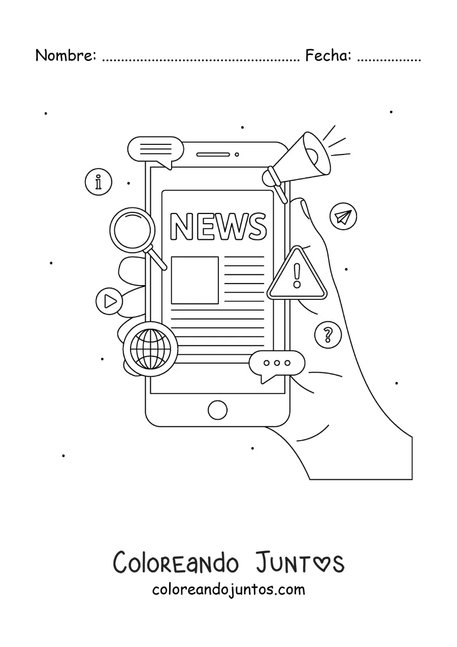 Imagen para colorear de una mano sosteniendo un teléfono que en su pantalla muestra noticias