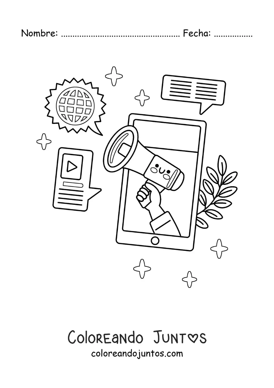 Imagen para colorear de un teléfono animado anunciando las últimas noticias en su pantalla