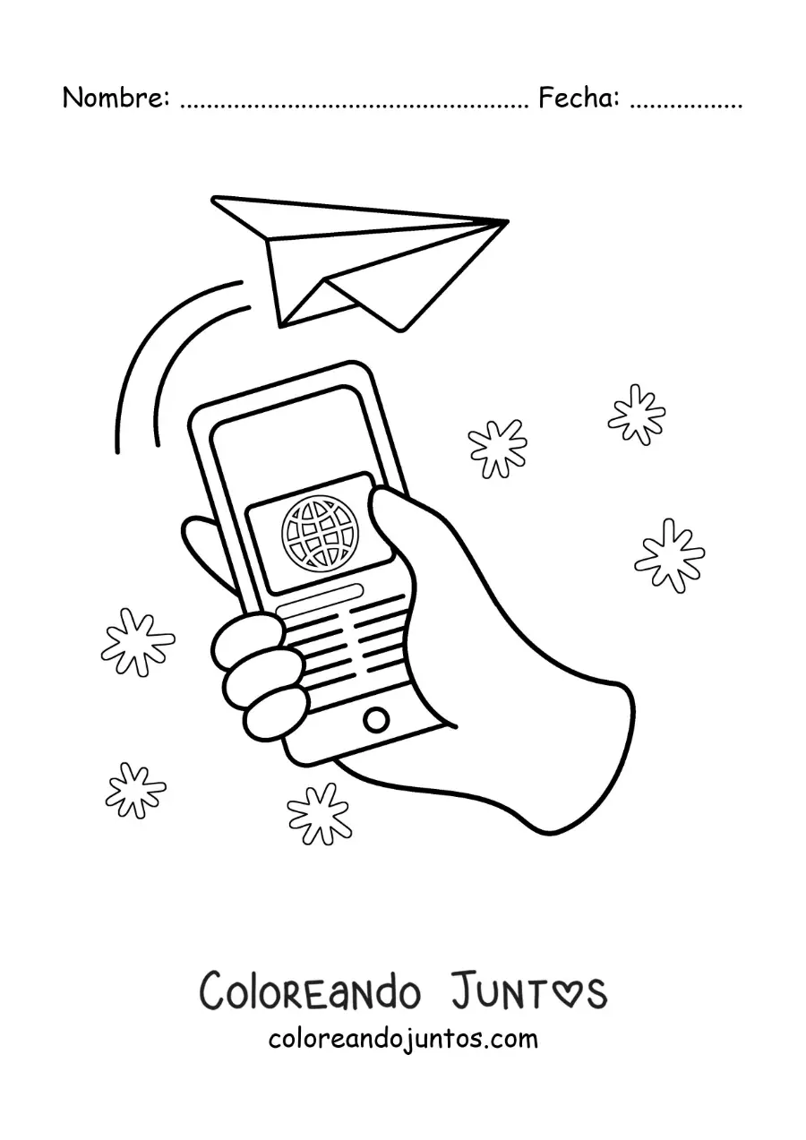 Imagen para colorear de un teléfono enviando un mensaje a través de las redes sociales