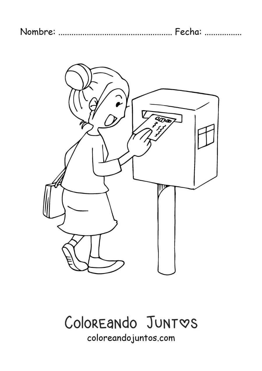 Imagen para colorear de una mujer enviando una carta por correo