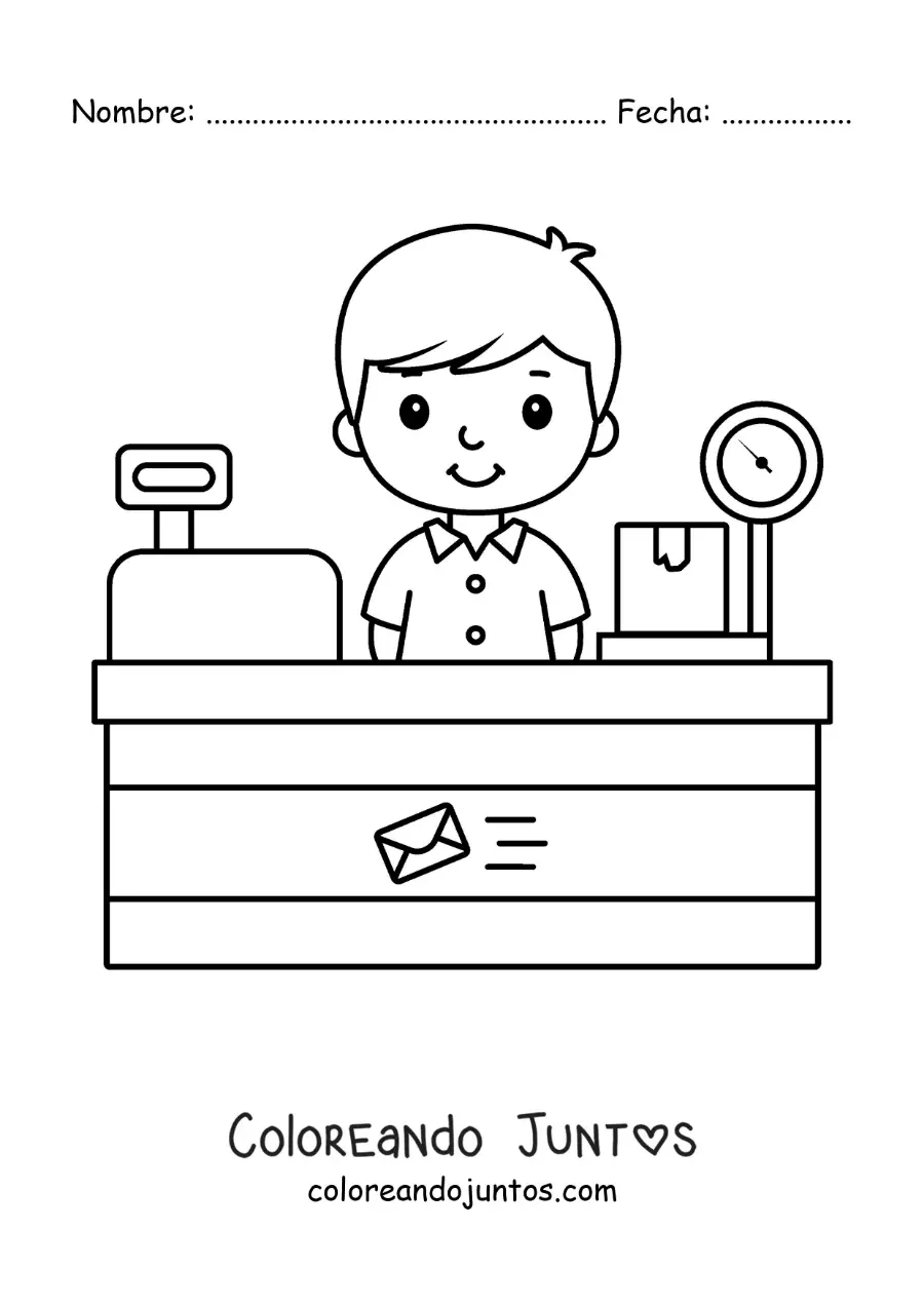Imagen para colorear de un niño animado en una oficina postal