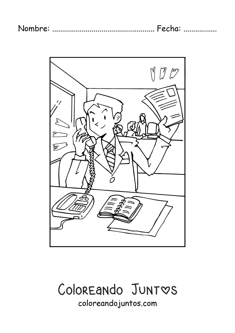 Imagen para colorear de un hombre hablando por teléfono fijo en su oficina
