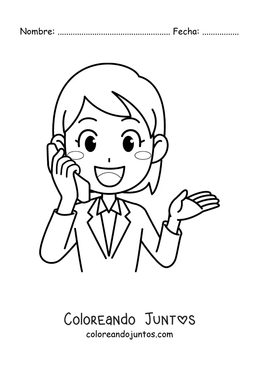 Imagen para colorear de una mujer animada hablando por teléfono