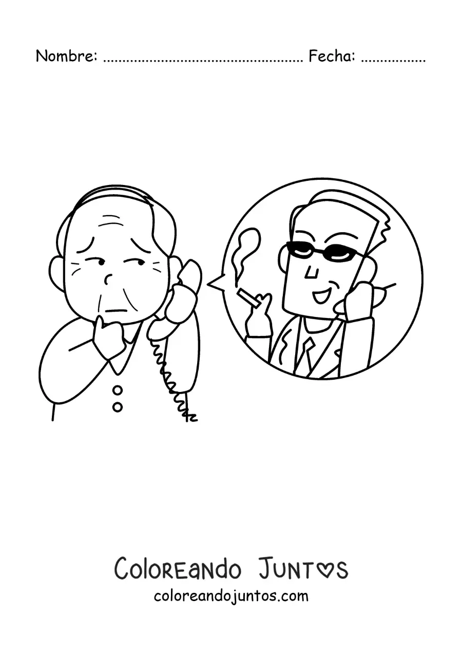 Imagen para colorear de un abuelo preocupado en una llamada telefónica