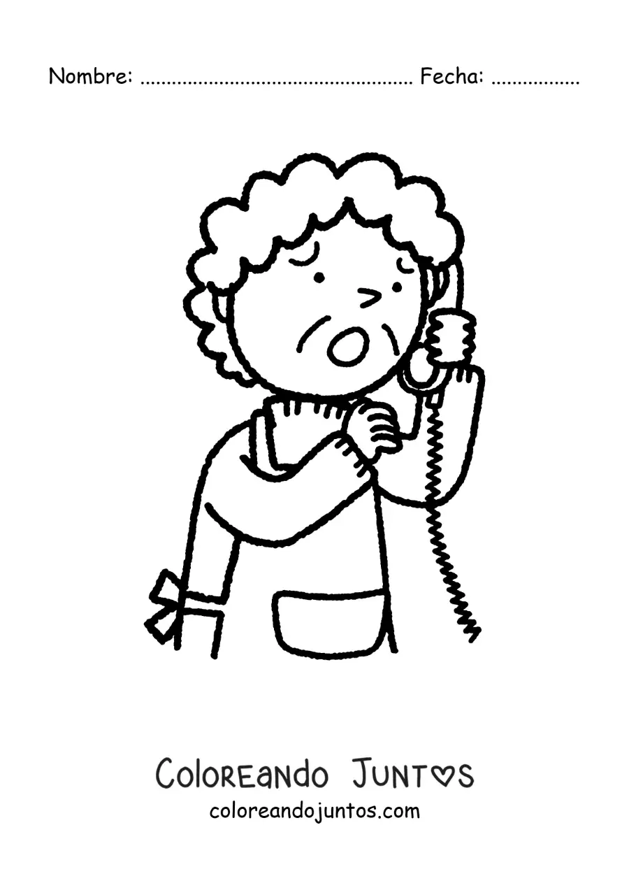 Imagen para colorear de una abuela preocupada hablando por teléfono fijo