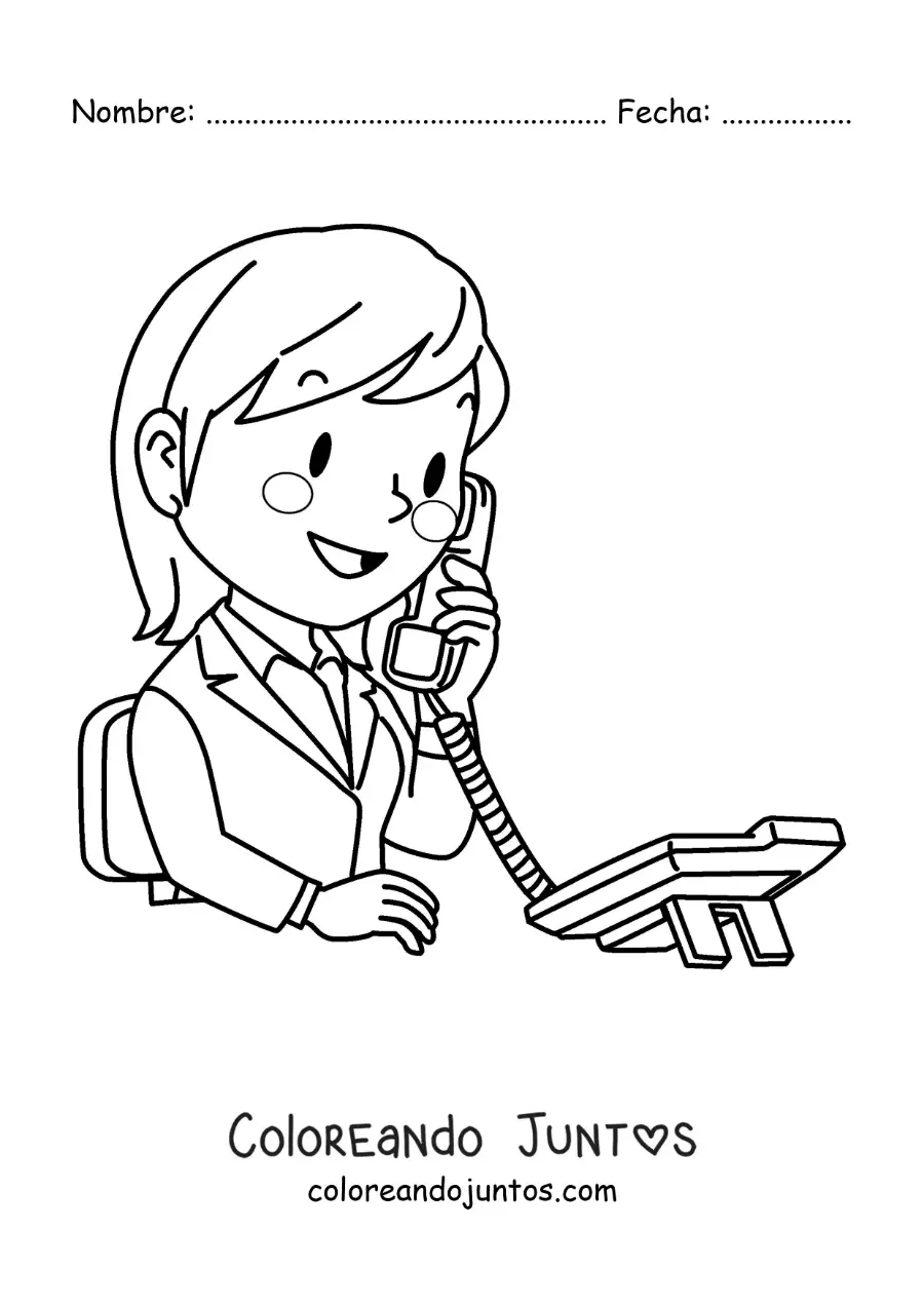 Imagen para colorear de una mujer hablando por un teléfono fijo en su trabajo