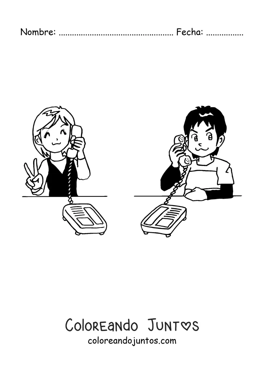 Imagen para colorear de una chica y un chico hablando por llamada telefónica