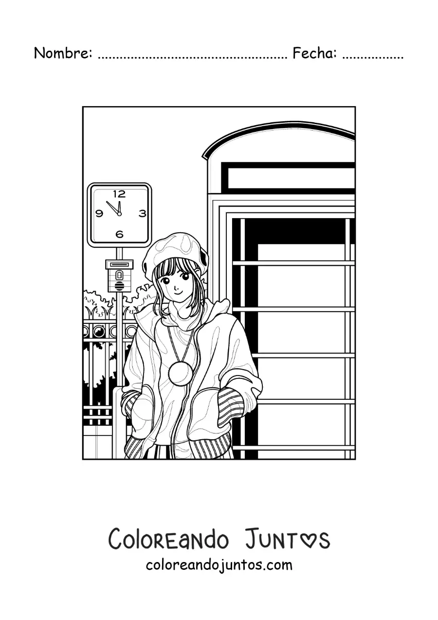 Imagen para colorear de una chica anime aesthetic junto a una cabina telefónica