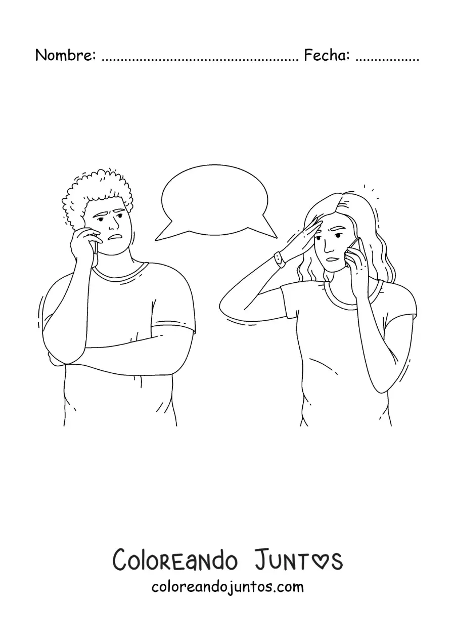 Imagen para colorear de una pareja discutiendo por teléfono