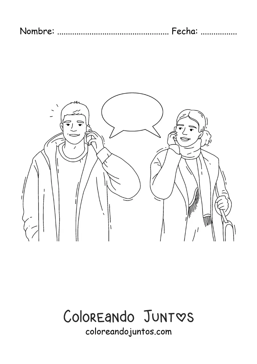 Imagen para colorear de una pareja hablando por teléfono