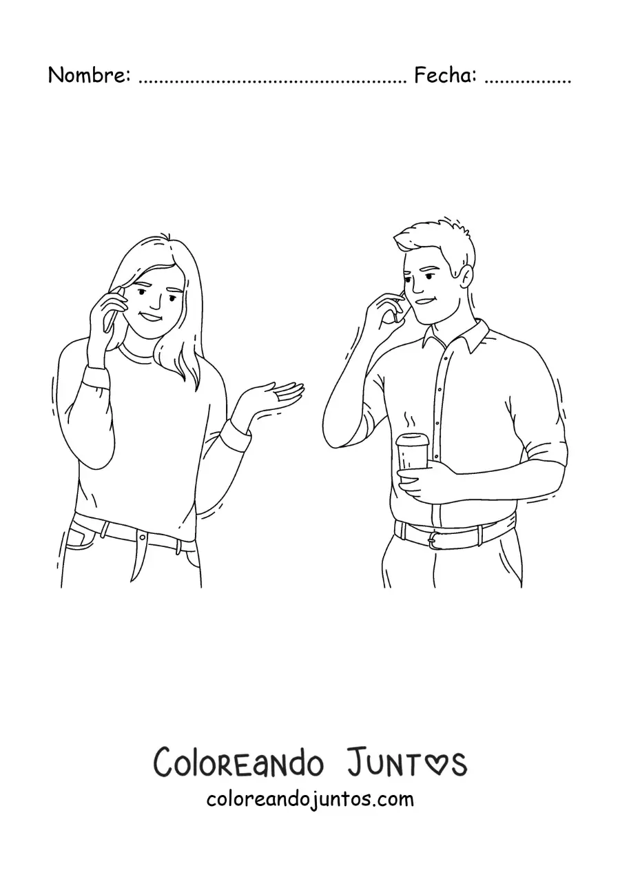 Imagen para colorear de un hombre y una mujer hablando al teléfono
