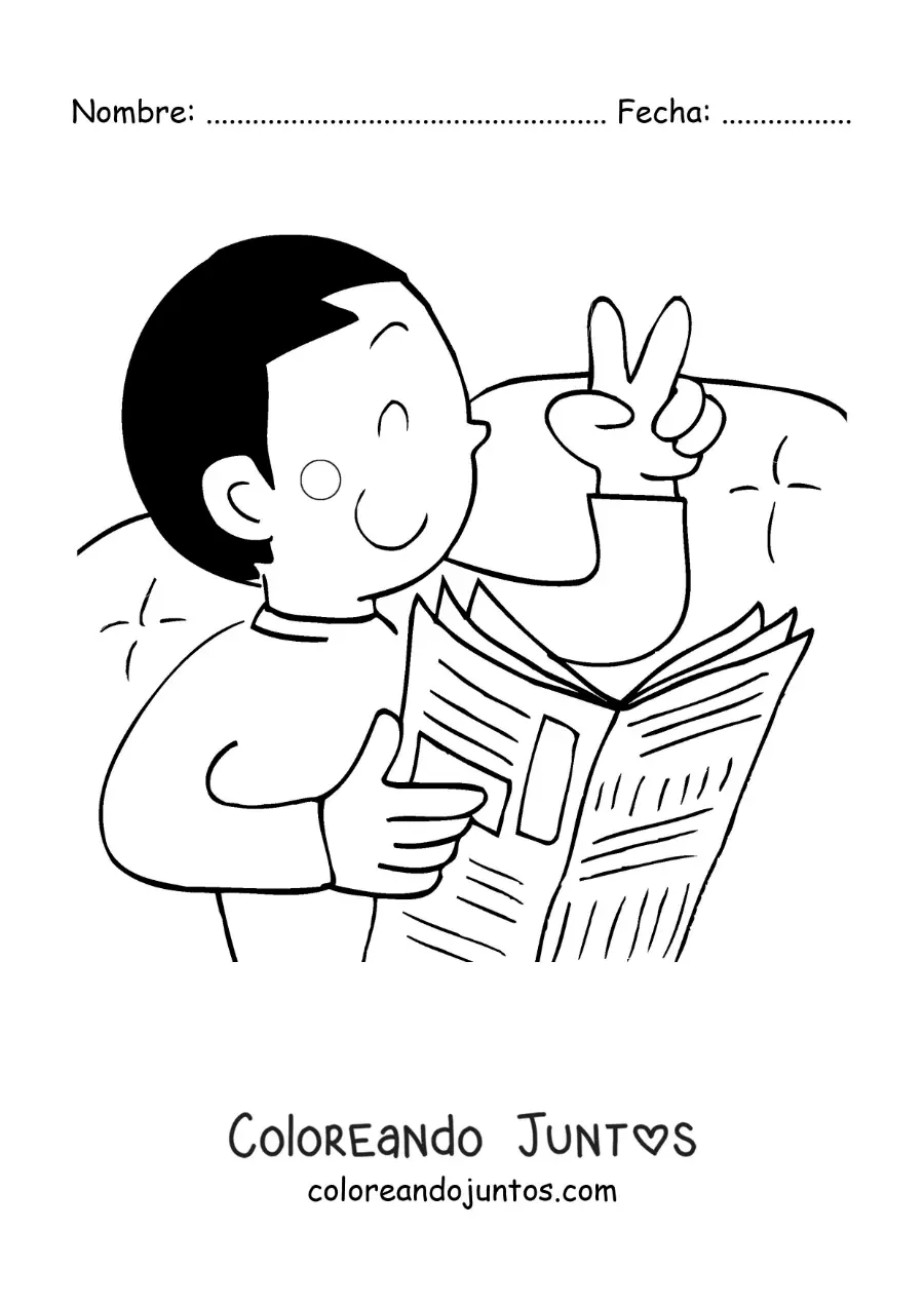 Imagen para colorear de un niño animado leyendo el periódico