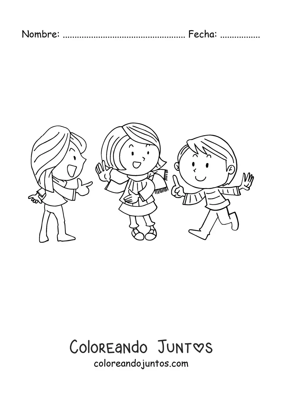 Imagen para colorear de tres niñas jugando piedra papel o tijeras
