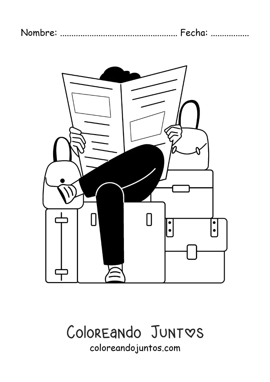 Imagen para colorear de un viajero sentado sobre sus maletas leyendo el periódico