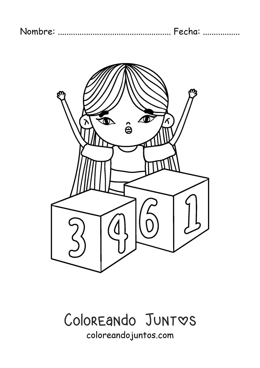 Imagen para colorear de una niña jugando con bloques enormes