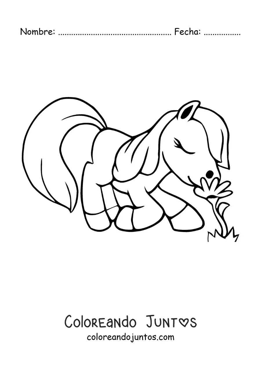 Imagen para colorear de un pony animado oliendo flores
