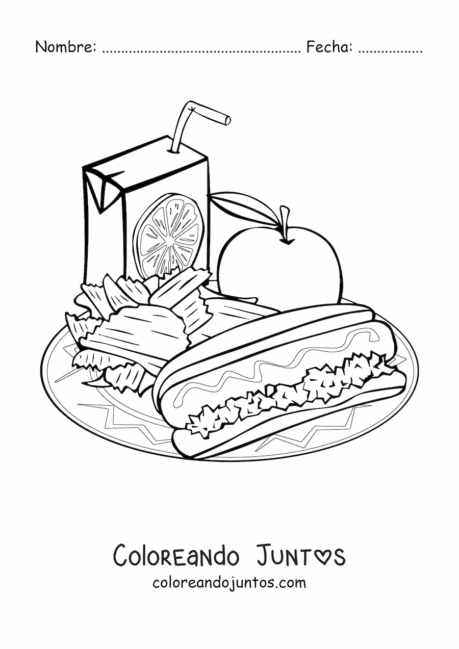 Imagen para colorear de plato de almuerzo con manzana, salchicha, papas y jugo de naranja