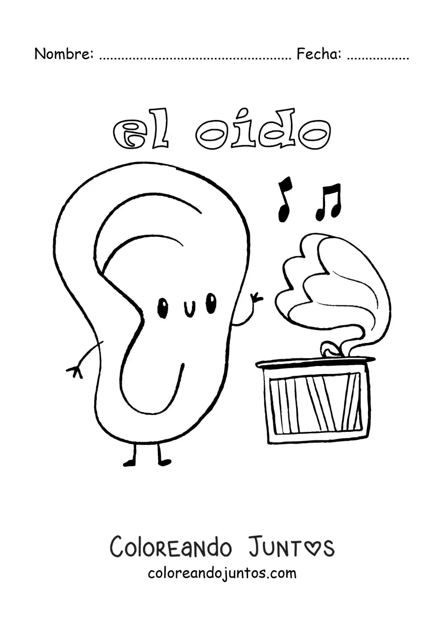 Imagen para colorear de una caricatura de un oído animado escuchando música