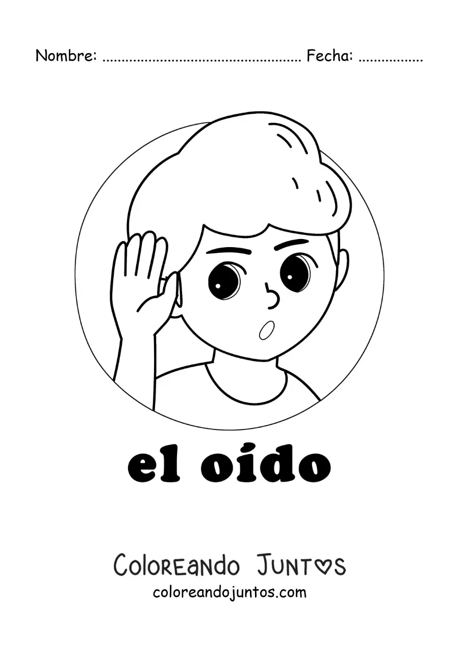 Imagen para colorear de un niño escuchando un ruido con su oreja