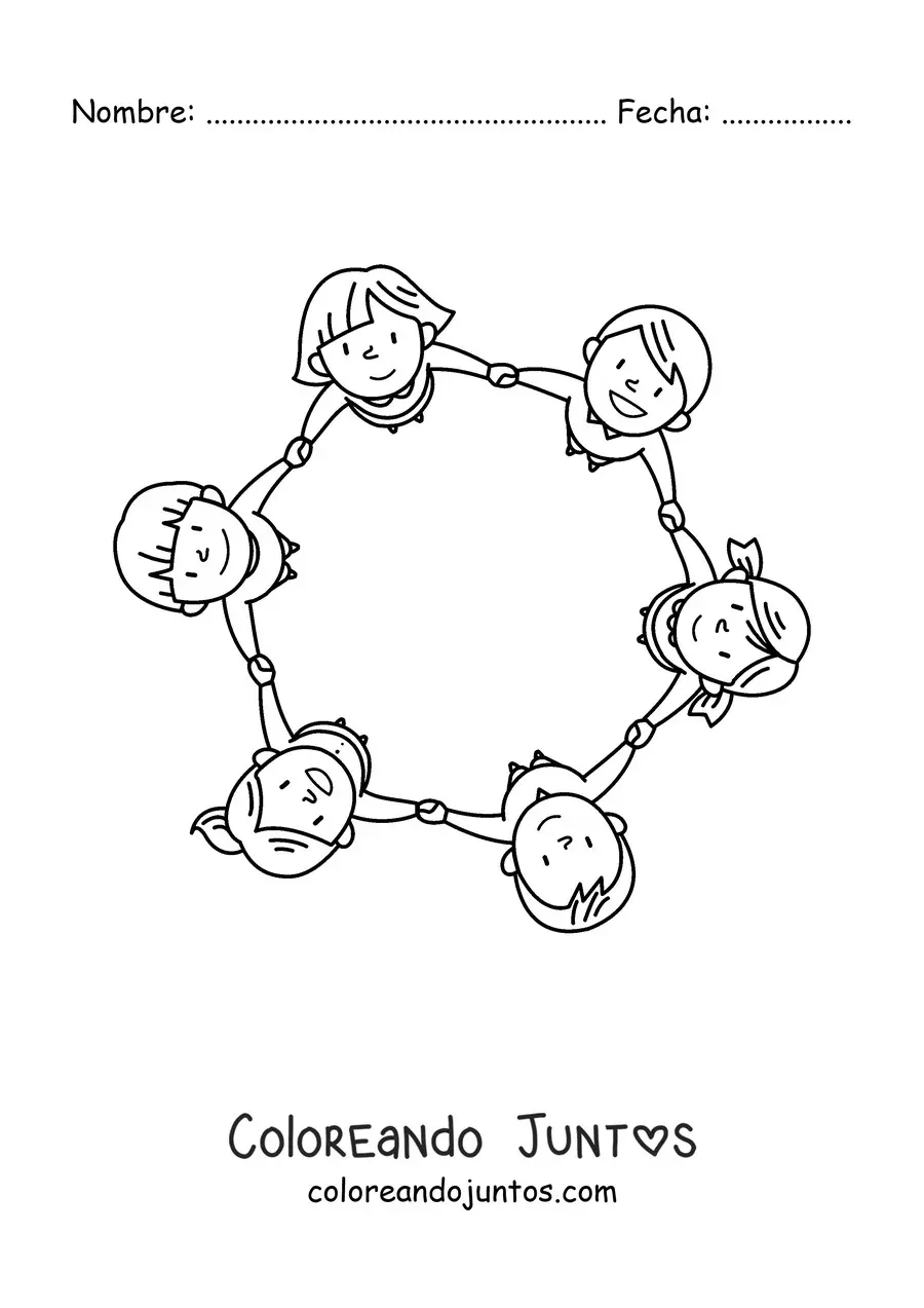 Imagen para colorear de varias niñas y niños sujetados de las manos en un círculo