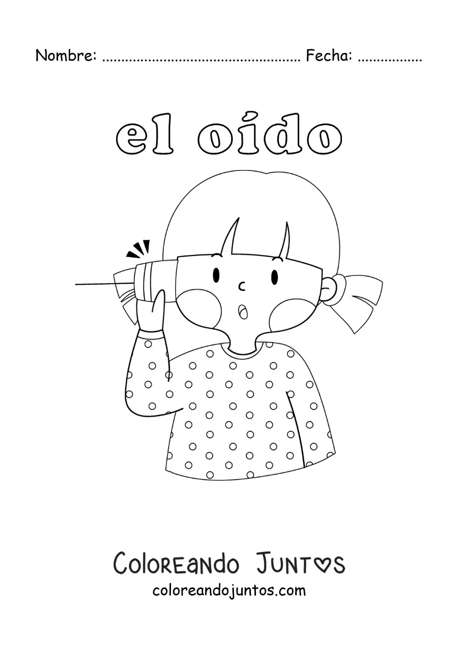 Imagen para colorear de una niña escuchando a través de un teléfono de vasos