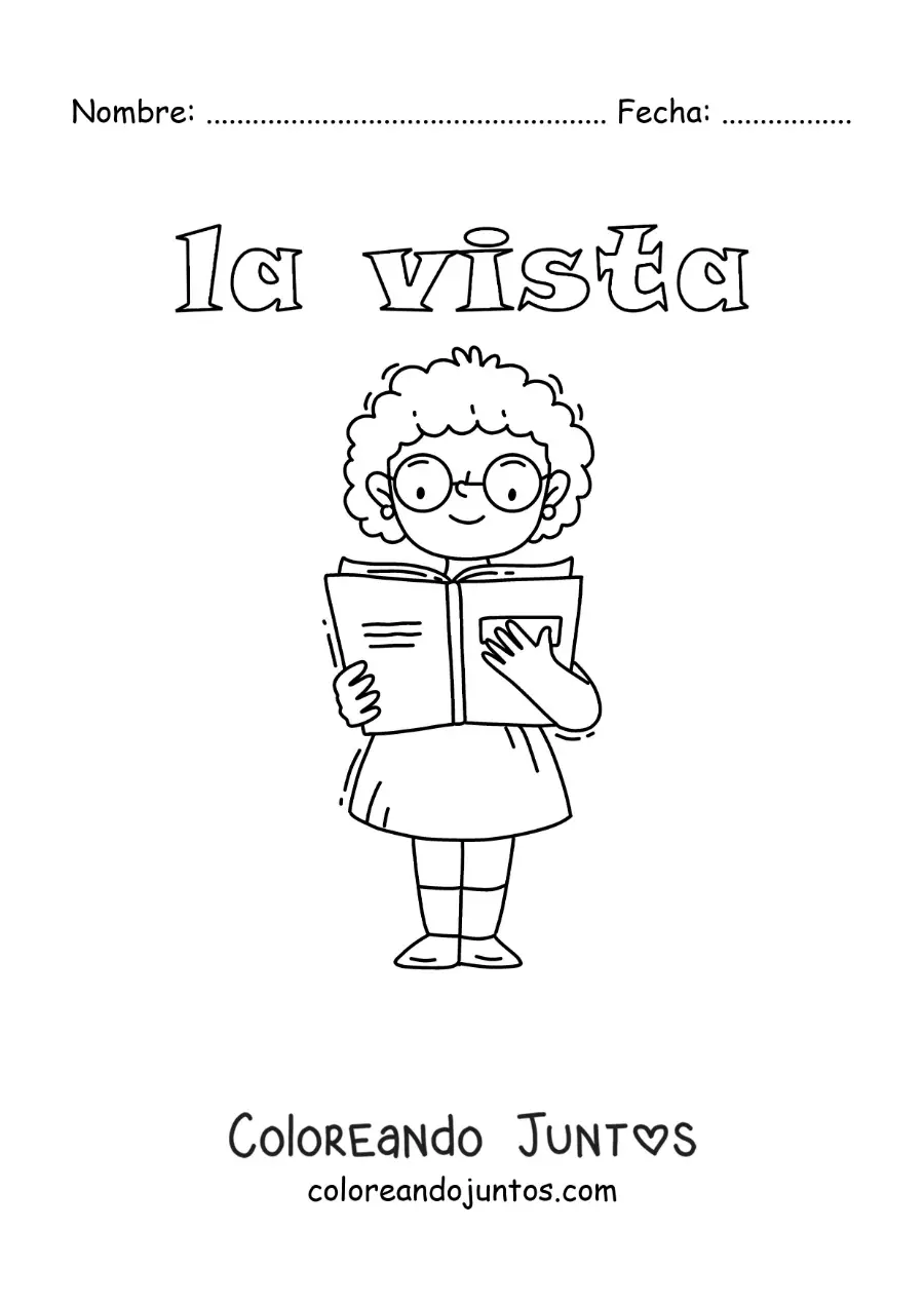 Imagen para colorear de una niña con lentes leyendo un libro