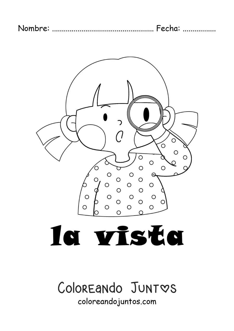 Imagen para colorear de una niña viendo a través de una lupa