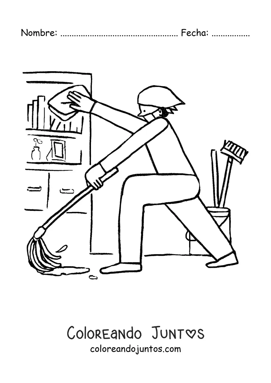Imagen para colorear de una persona limpiando y trapeando en casa