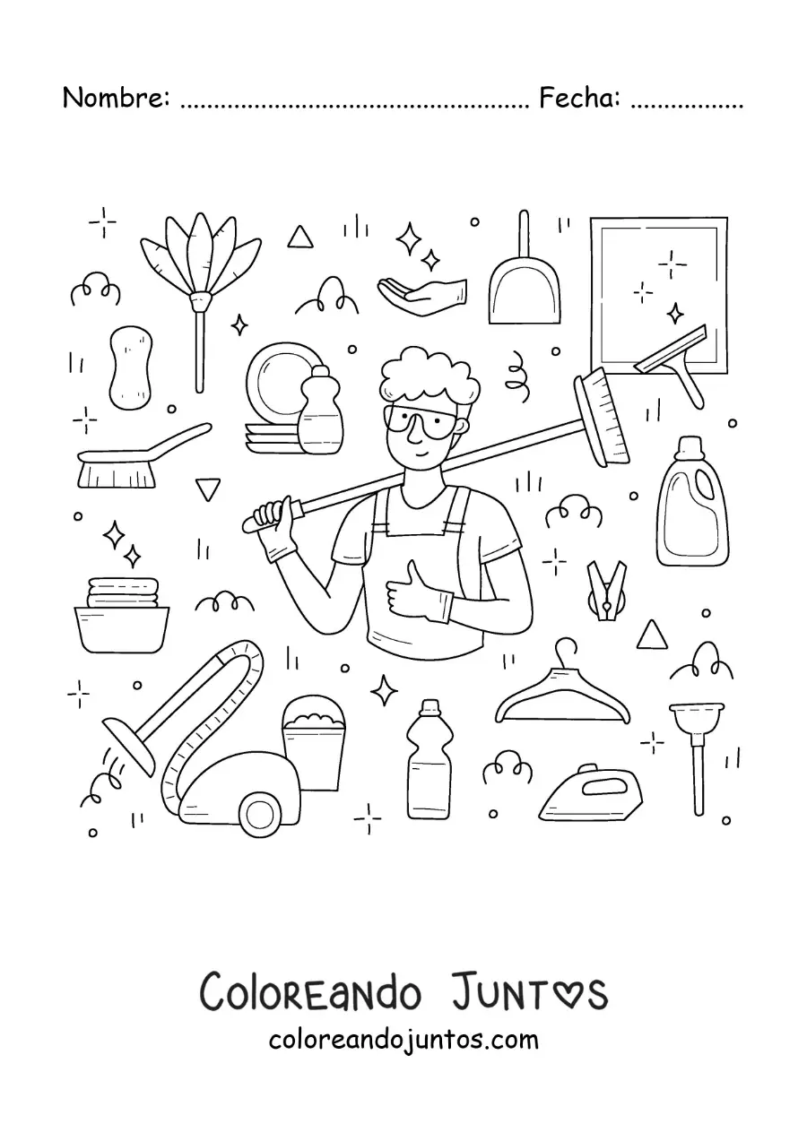 Imagen para colorear de un hombre con artículos para la limpieza del hogar