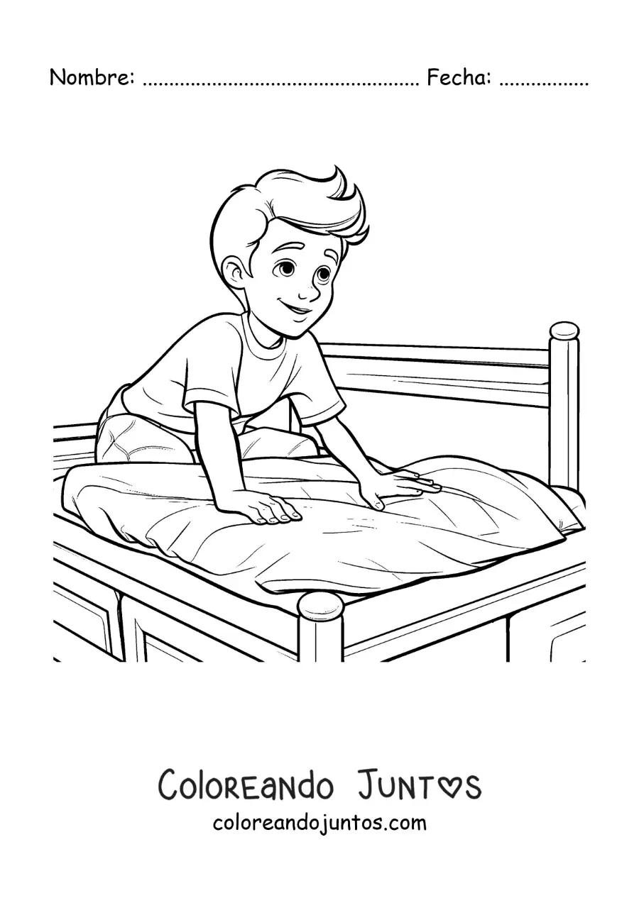 Imagen para colorear de un niño haciendo la cama al despertar