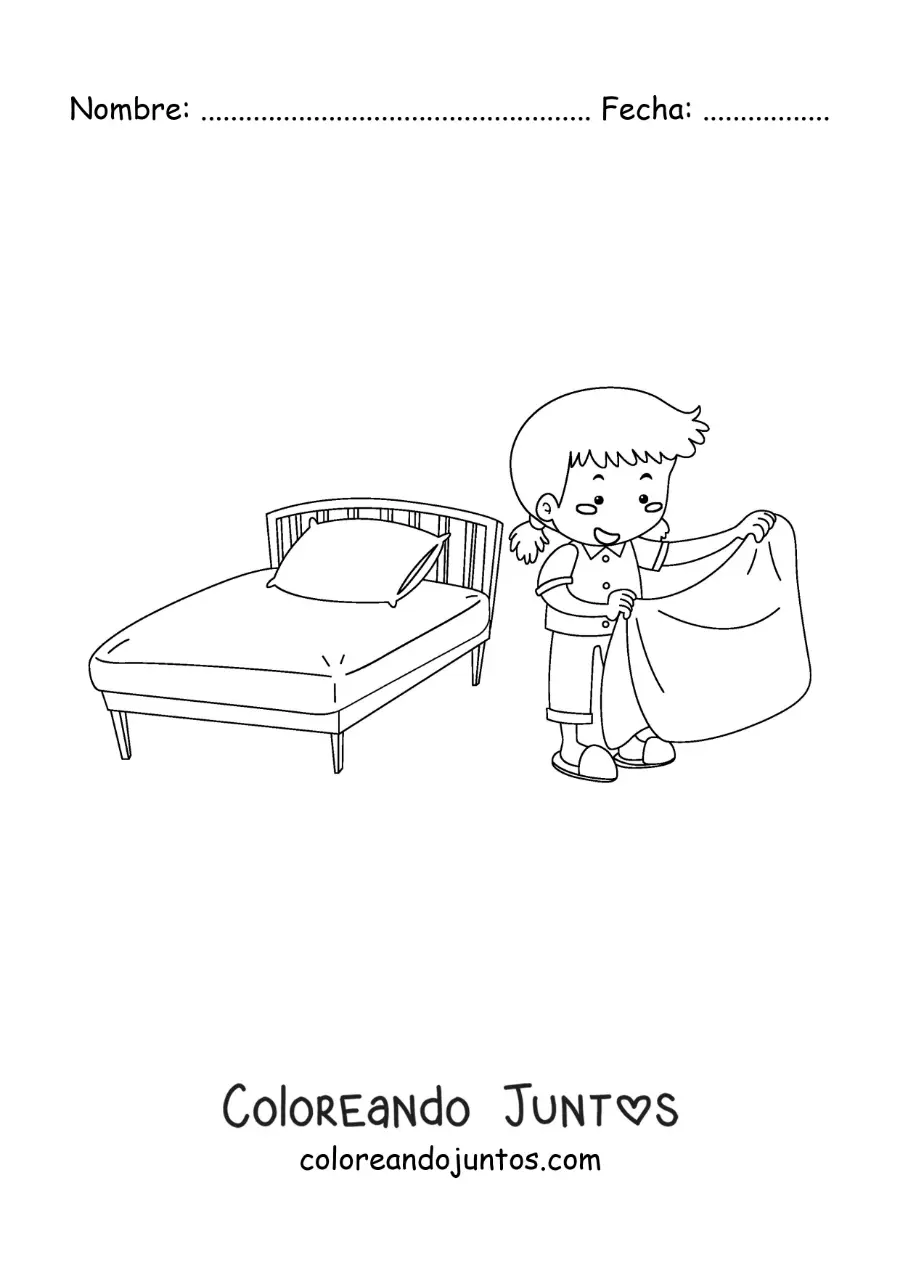 Imagen para colorear de una niña haciendo la cama al despertarse