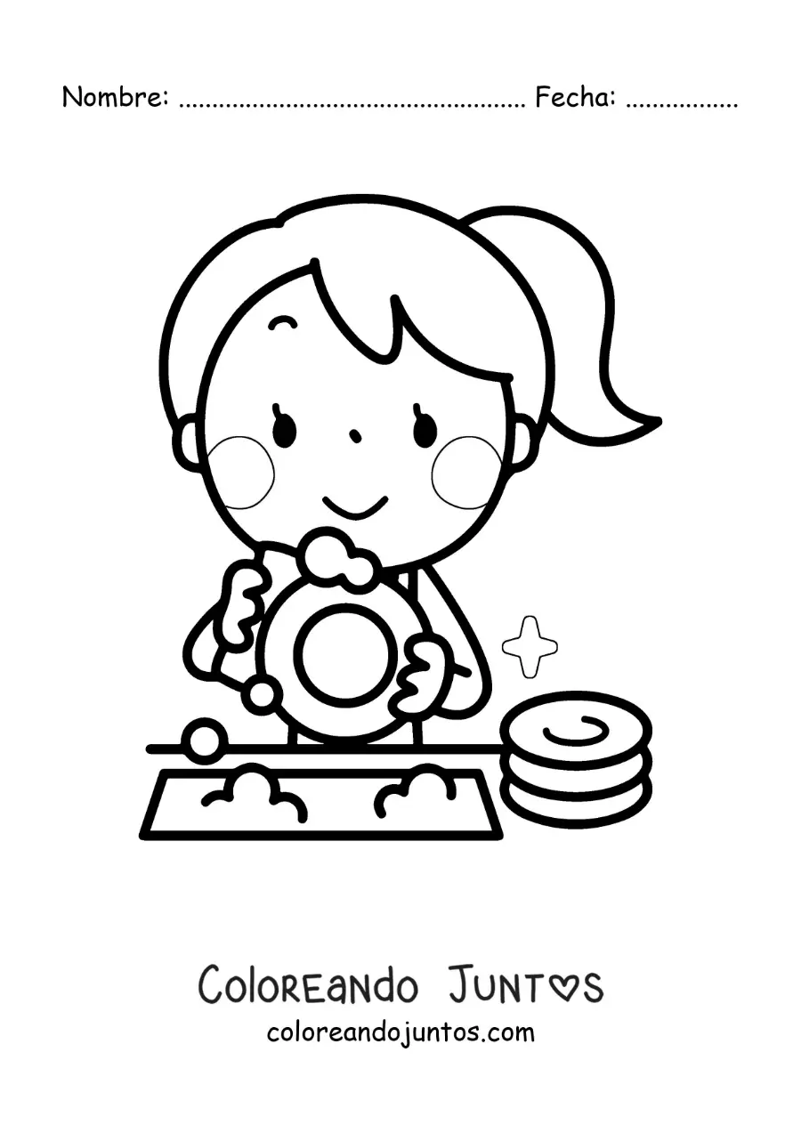 Imagen para colorear de una niña kawaii lavando los platos
