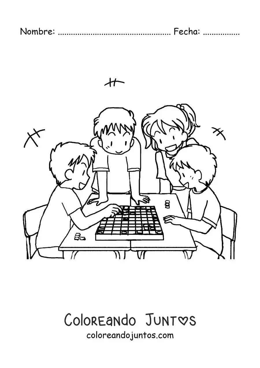 Imagen para colorear de unos niños jugando ajedrez japonés