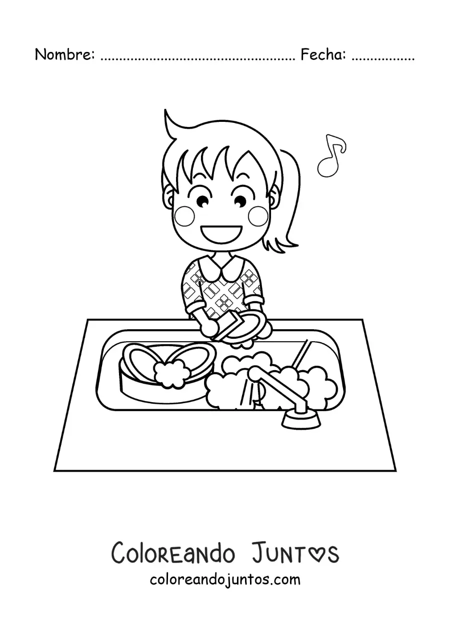 Imagen para colorear de una niña cantando mientras lava los trastes en el fregadero