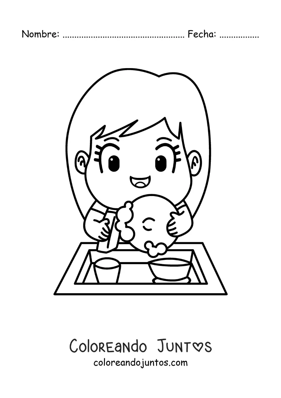 Imagen para colorear de una niña animada lavando platos