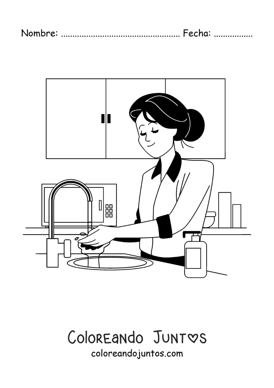 Imagen para colorear de una madre lavando platos en la cocina