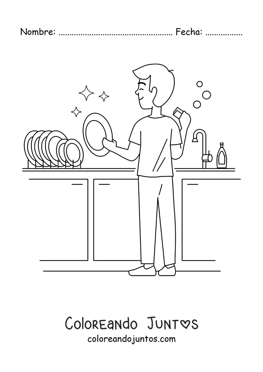 Imagen para colorear de un padre fregando platos en la cocina