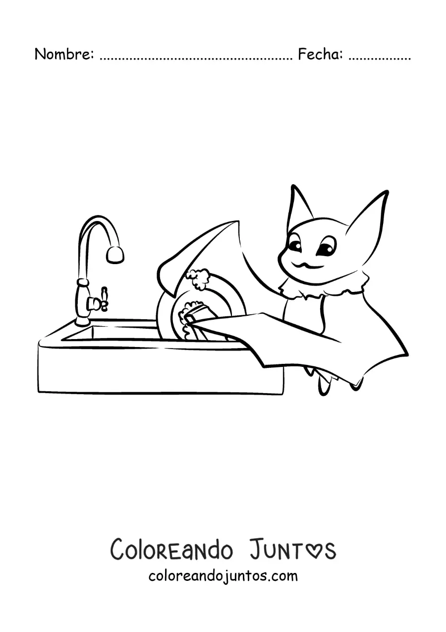 Imagen para colorear de un murciélago lavando los trastes en el fregadero
