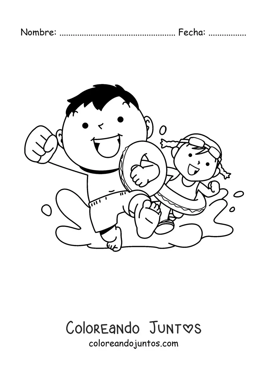 Imagen para colorear de dos niños corriendo para nadar en la piscina
